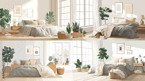 Cozy modern bedroom interior with plants, natural lighting, and soft textures. Perfect for home decor, lifestyle, architecture, and design visualization projects.