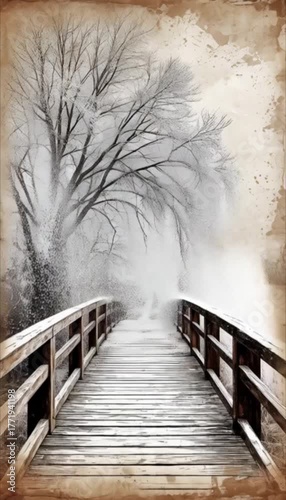 Snow falling from a tree branch onto a rustic winter bridge in a serene and peaceful style, landscape for seasonal scenes
