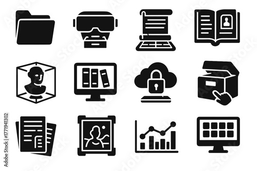 Icon archive vr vector timeline data digital graph scanned box artifact icons