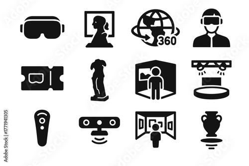 Iconography motion virtual exhibition sensor vr hall statue vector icon reality stage