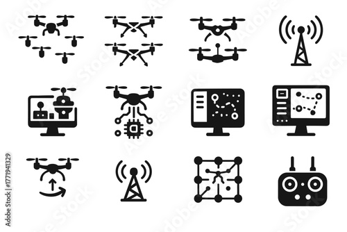 Transmitter swarm system drone drones icon unit vector signal mini grid icons