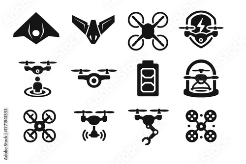 Propeller advanced stealth jammer drone station futuristic robotic eye wings vector icon