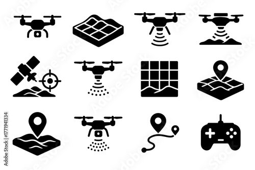 Cartography path terrain marker drone icons satellite mapping vector scanner flight icon