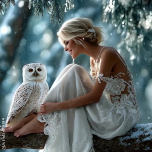 Young girl and a majestic owl together in a snowy forest with a magical and serene mood during a snowfall