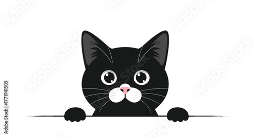 Cute black cat peeking over a surface with its paws visible; vector illustration.