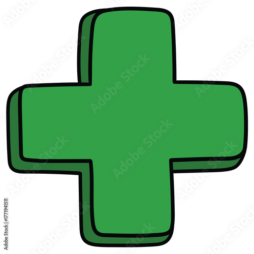 Hand-drawn cartoon green plus sign on a white background.