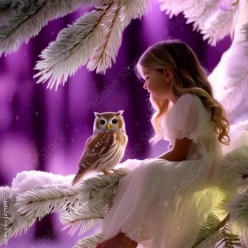 Young girl and a majestic owl together in a snowy forest with a magical and serene mood during a snowfall
