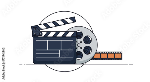 Illustration of a clapperboard and film reel with a strip of film, symbolizing cinema and movie production.