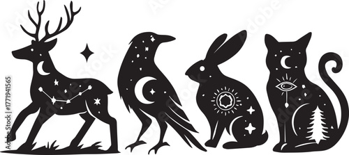 celestial animal silhouette vector set, a mystical blend of elegance and cosmic symbolism, perfect for witchy aesthetics, Mystic Menagerie, Celestial Creatures, 