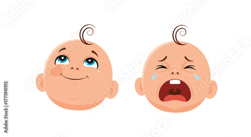 Two baby faces showing contrasting emotions, one happy and looking up, the other crying loudly.