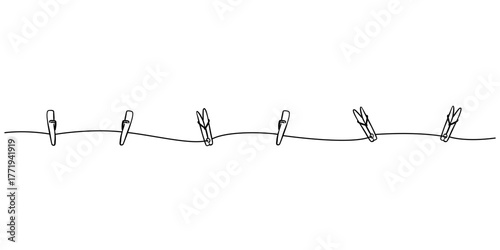 Minimalist continuous line drawing of a wooden clothespin on a clothesline. Simple doodle outline vector illustration, perfect for laundry,