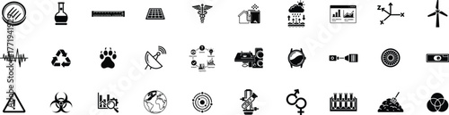 Collection of black and white icons representing environmental sustainability and technology