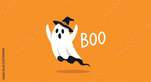 A cute, cartoon ghost wearing a witch hat hovers in the air with its arms raised and the word.