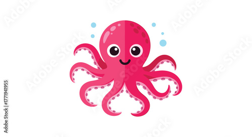 Cute cartoon pink octopus with suction cups on its tentacles and bubbles.