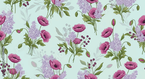 Elegant Watercolor Poppy and Lilac Floral Seamless Pattern