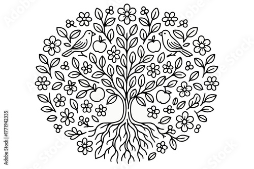 Nature Mandala Design. Tree in the center with roots, fruits, flowers, and birds radiating outward in a life-inspired mandala