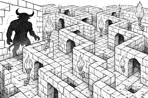 Mythical Labyrinth Scene. Surreal mythological labyrinth with endless corridors, minotaur shadows, torches, and crumbling walls,