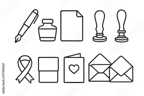 Writing Essentials Icons. Line style icons of Writing Letters: Fountain Pen, Ink Bottle, Paper Sheet, Wax Stamp, Ribbon, Folded