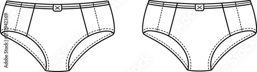 High-Cut Briefs Underwear Technical Flat Sketch Vector Illustration, Wide Waistband Panty Front and Back View CAD Drawing, cad drawing flat vector illustration.
