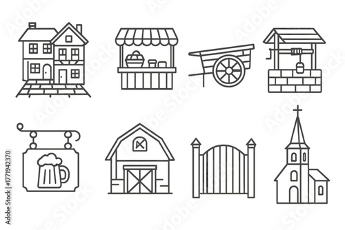 Old Village Icons. Line style icons of Old village: cobblestone street, market stall, wooden cart, well, inn sign, barn, gate,