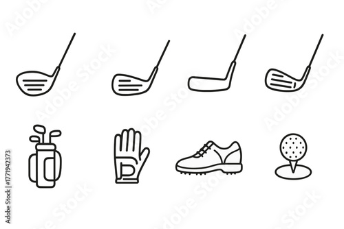 Golf Equipment Icons. Line style icons of Golf Equipment: Driver, Iron, Putter, Wedge, Golf Bag, Gloves, Shoes, Ball Marker, No
