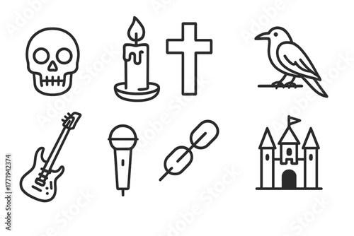 Gothic Metal Icons. Line style icons of Gothic Metal: Skull, Candle, Cross, Raven, Electric Guitar, Microphone, Chains, Dark