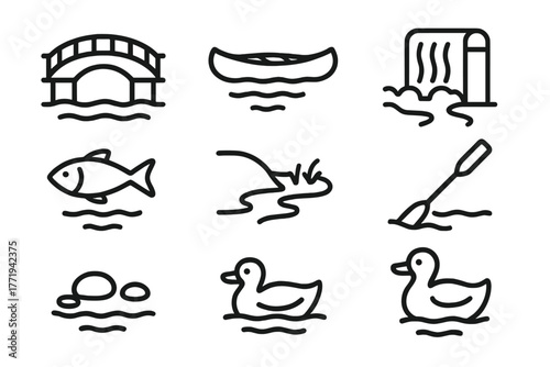 River Icons Collection. Line style icons of River: Bridge, Canoe, Waterfall, Fish, Riverbank, Oar, Pebbles, Duck, No text, No