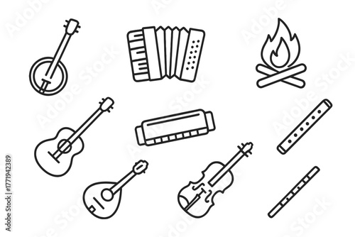 Folk Music Instruments. Line style icons of Folk Music: Banjo, Accordion, Campfire, Acoustic Guitar, Harmonica, Mandolin, Violin,