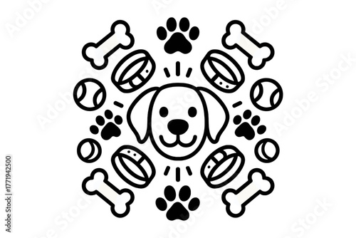 Paws and Bones Mandala. Dog face in the middle with bones, paw prints, collars, and tennis balls radiating outward in symmetrical
