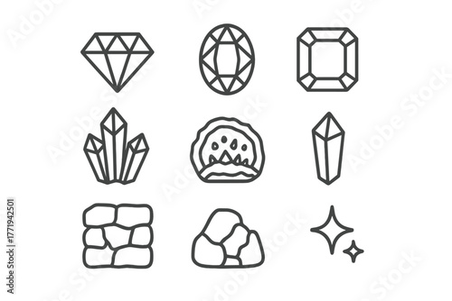 Gemstone Icon Set. Line style icons of Gemstone Grotto: Ruby, Sapphire, Emerald, Amethyst, Geode, Crystal Shard, Rock Wall,