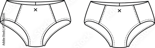 Classic Mid-Rise Briefs Underwear Technical Flat Sketch Vector Illustration, Front and Back View Panty CAD Drawing, cad drawing flat vector illustration.