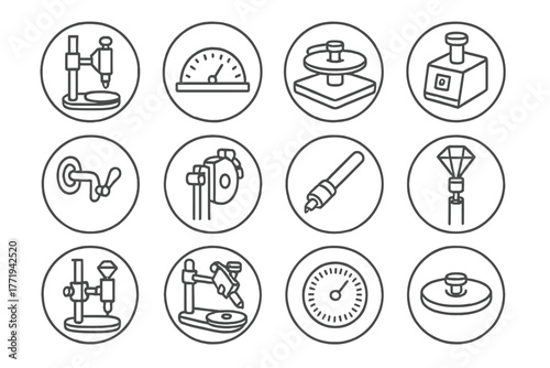 Faceting Machine Icons. Line style icons of faceting machines in round shape: faceting mast, angle gauge, lap platform, machine