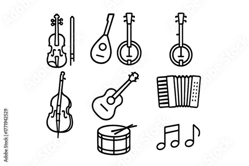 String Band Icons. Line style icons of String Band: Fiddle, Mandolin, Banjo, Double Bass, Guitar, Accordion, Drum, Music Notes, No