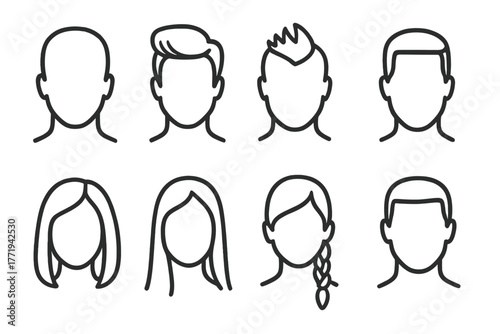 Line Style Hairstyles. Line style icons of Hairstyles: buzz cut, pompadour, mohawk, fade, crew cut, bob cut, long hair, braid, No