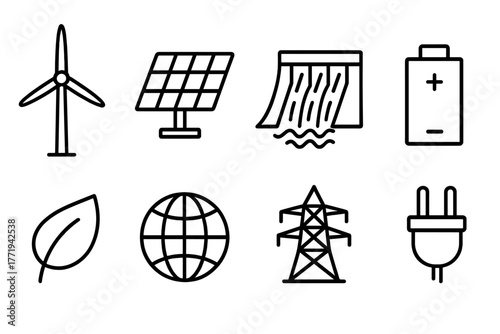 Renewable Energy Icons. Line style icons of Renewable Energy: Wind Turbine, Solar Cell, Hydroelectric Dam, Battery, Leaf, Globe,