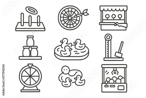 Carnival Game Icons. Line style icons of Carnival games: ring toss, dart board, shooting gallery, milk bottle stack, duck pond,