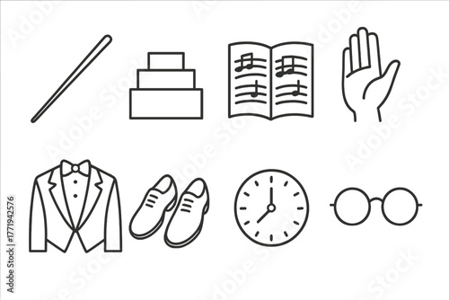 Conductor's Essentials Icons. Line style icons of Conductor: Baton, Podium, Score, Hand Gesture, Tailcoat, Shoes, Clock, Glasses,