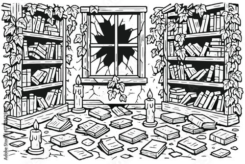 Abandoned Library Scene. Abandoned library with books scattered, ivy climbing the shelves, shattered glass, and candles glowing,