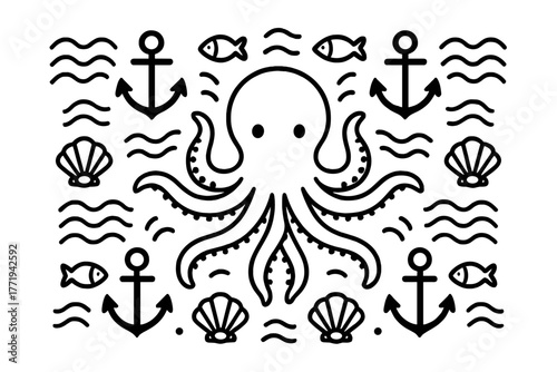 Symmetrical Ocean Creatures. Octopus in the middle with anchors, fish, waves, and shells radiating outward in symmetrical design,