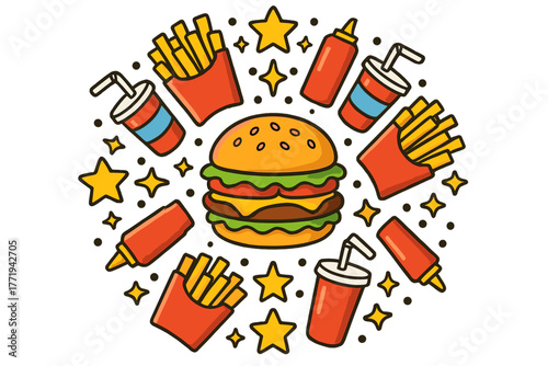 Burger Mandala Delight. Burger in the center with fries, ketchup bottles, stars, and soda cups arranged in a circular mandala