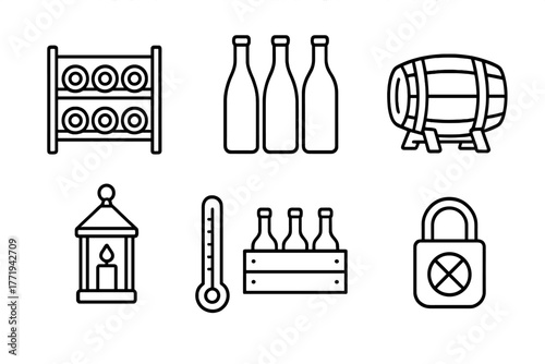 Cellar Storage Icons. Line style icons of Cellar storage: wooden rack, wine bottles, corked magnum, aging barrel, candle lantern,
