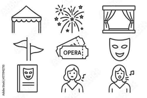 Opera Festival Icons. Line style icons of Opera Festival: Tent, Fireworks, Stage, Flags, Tickets, Mask, Program, Singer, No text,