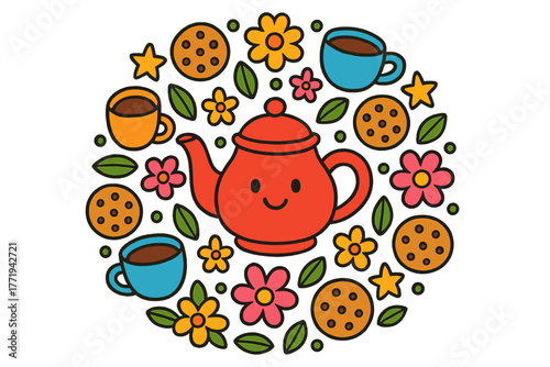 Teapot Mandala Design. Teapot in the center with cups, cookies, flowers, and stars forming a comforting circular mandala, bright