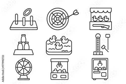 Carnival Game Icons. Line style icons of Carnival games: ring toss, dart board, shooting gallery, milk bottle stack, duck pond,