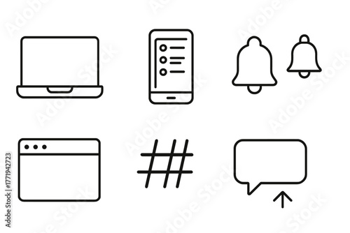 Digital Media Icons. Line style icons of Online Media: Laptop, Smartphone, Social Feed, Notification Bell, Web Browser, Hashtag,