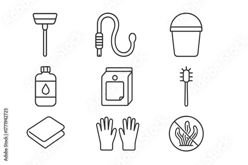 Aquarium Maintenance Tools. Line style icons of Aquarium maintenance: algae scraper, siphon hose, bucket, water conditioner,