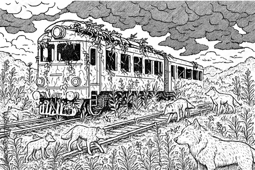 Desolate Train Tracks. Abandoned train in a post-apocalyptic landscape with wild plants, wolves around, and storm clouds above,