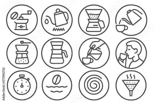 Coffee Brewing Icons. Line style icons of brewing steps in round shape: grind beans, heat water, add grounds, pour water; steep