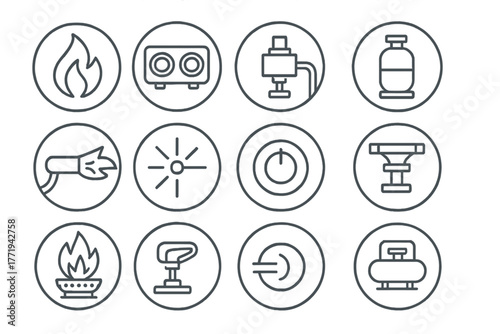 Burner Line Icons. Line style icons of burners in round shape: burner flame, twin burner unit, pilot valve, burner with hose;
