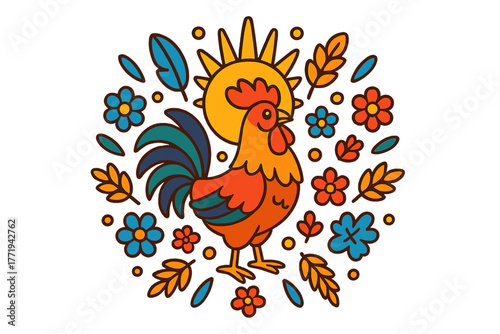 Morning Rooster Mandala. Rooster in the center with sun rays, feathers, grains, and flowers arranged in a morning mandala pattern,
